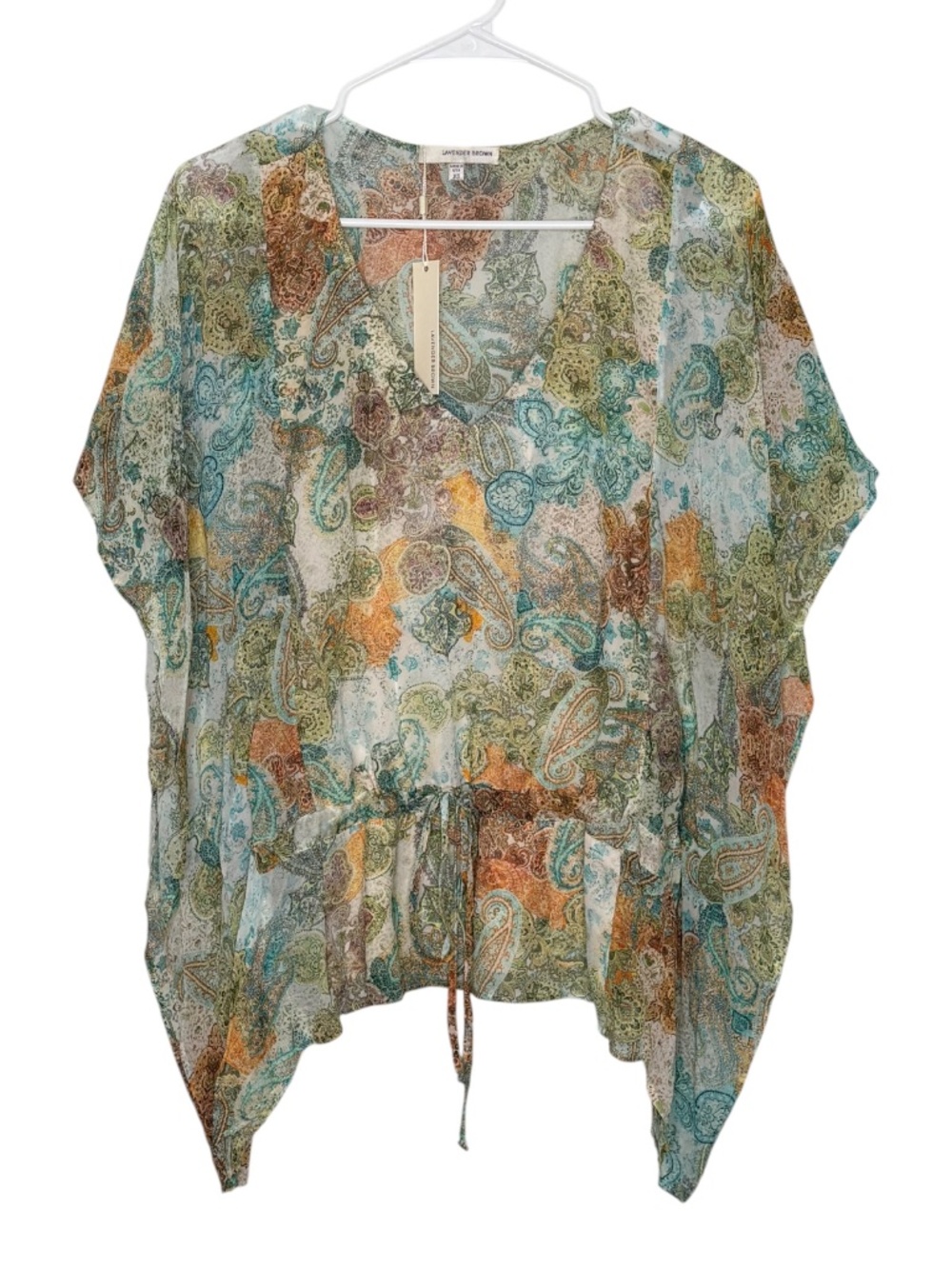 Lavender Brown Tie Front Waist Green Multi Floral Blouse XS NWT